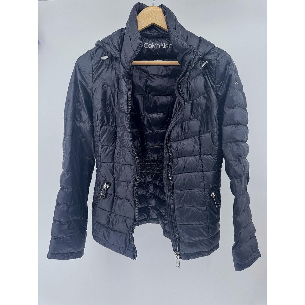 Calvin Klein Packable Down Puffer Jacket Womens Small Black Hooded Lightweight